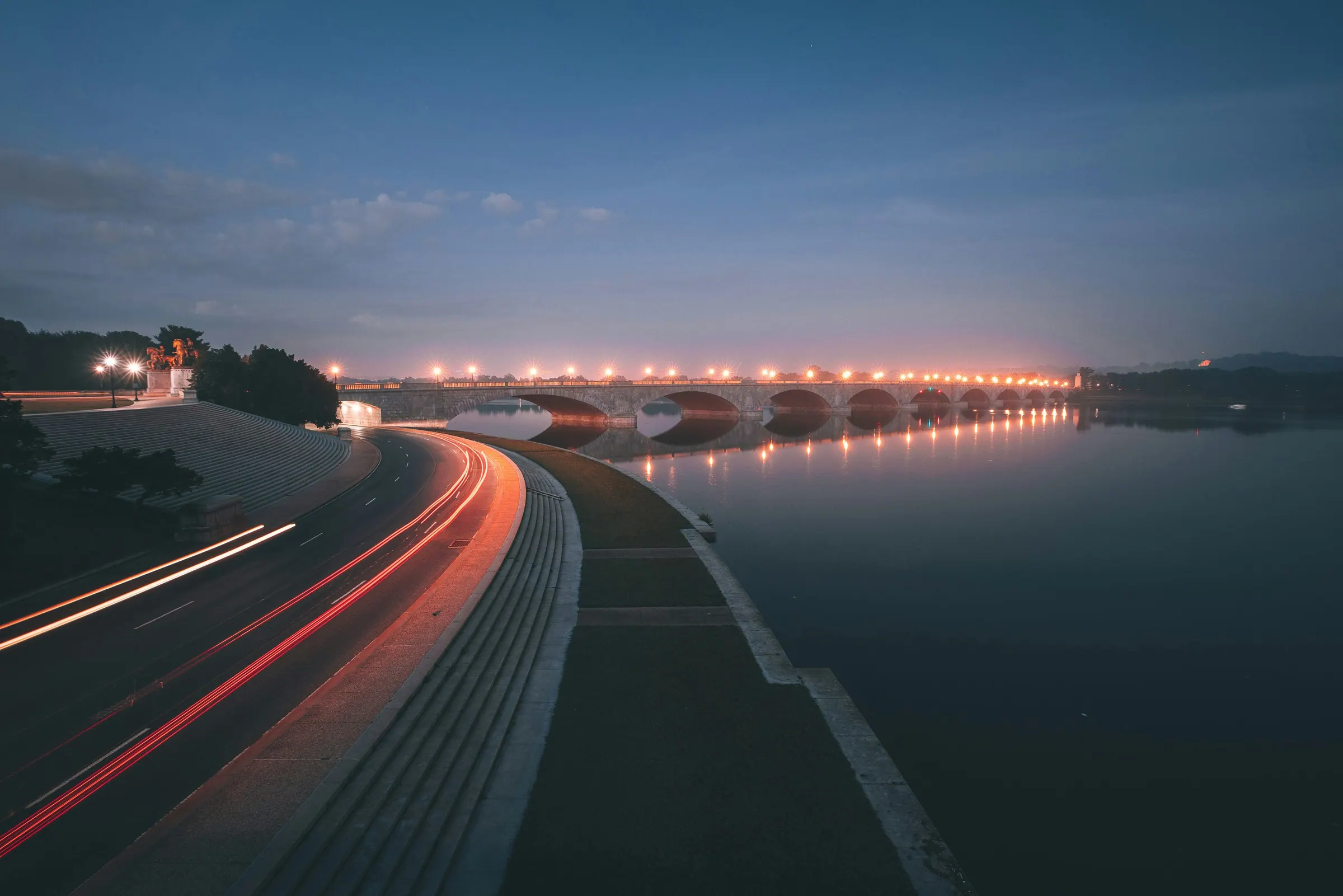 Memorial Bridge at night, looking toward the Lincoln Memorial