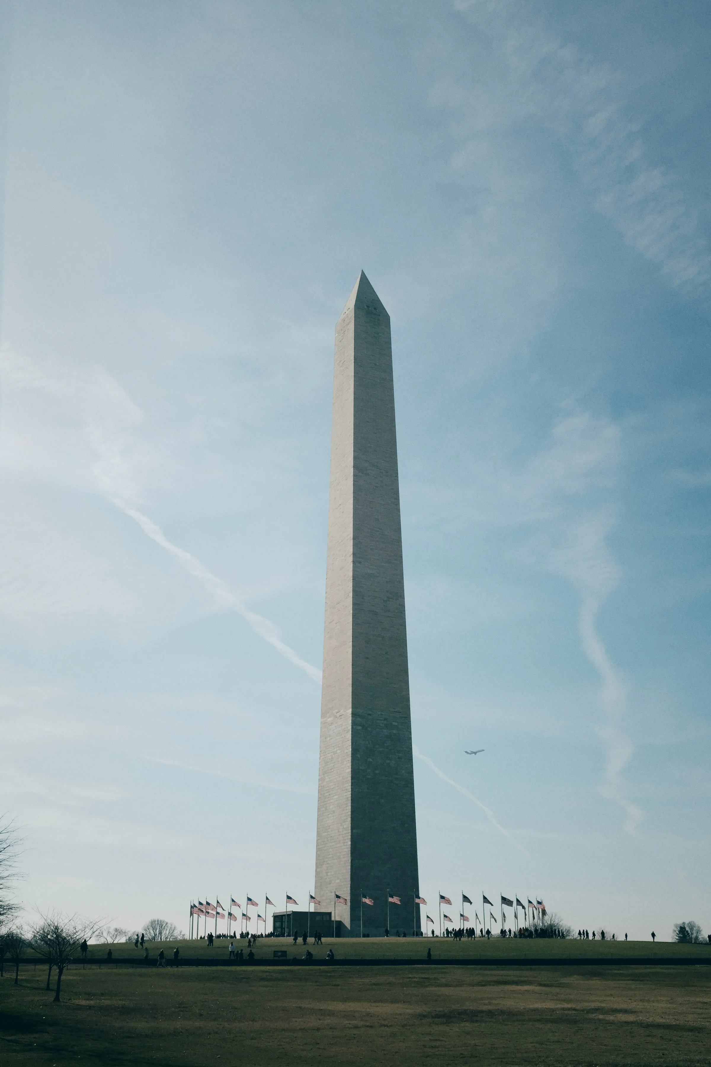 The Washington Monument rising against a blue sky, seen from the grounds