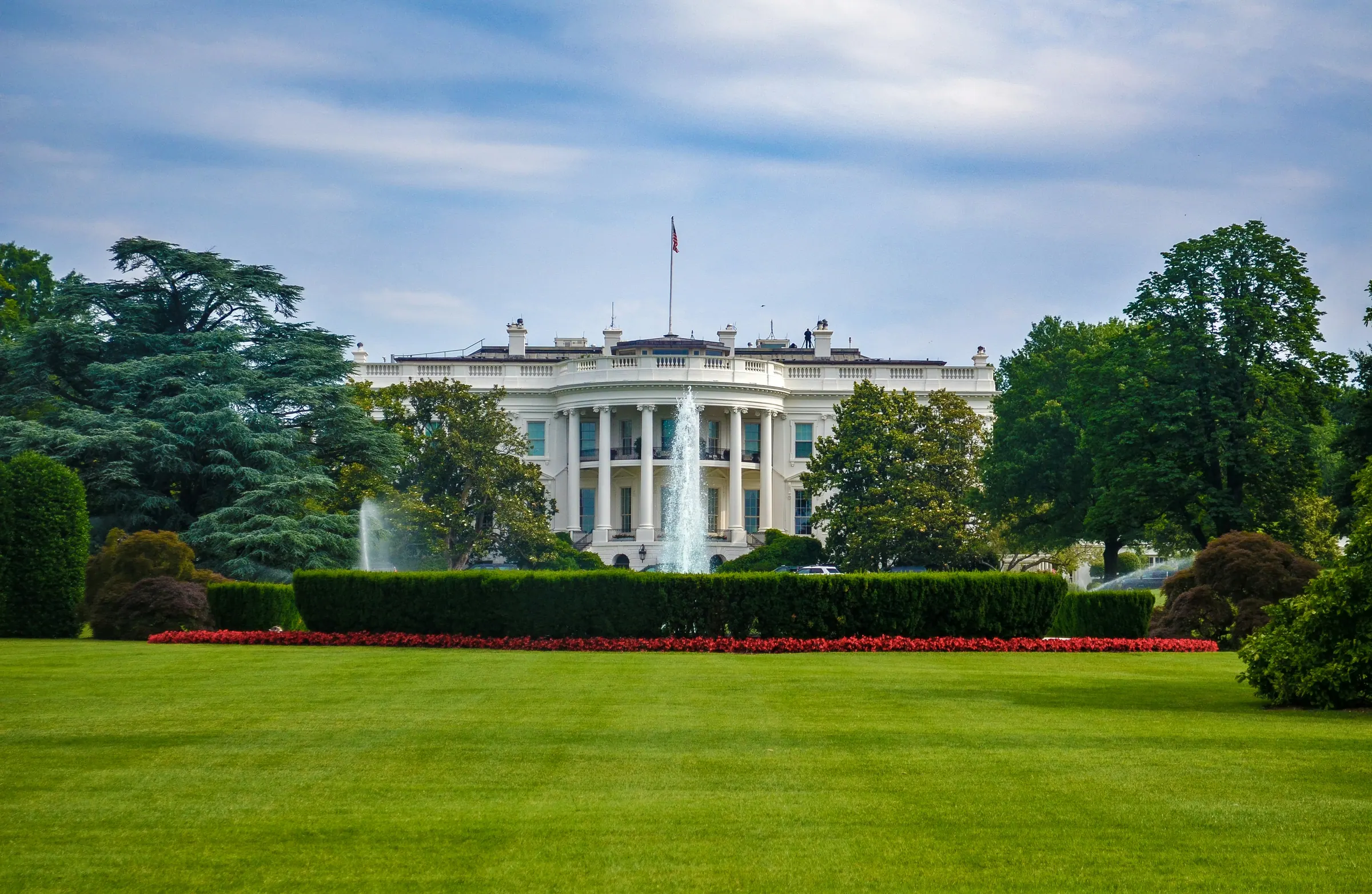 The White House and its South Lawn fountain seen across the grounds